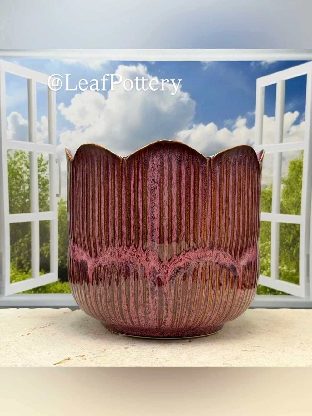 Ceramic Plant Pot with Drainage, 7 Inch Fluted Flower Planter, Pink Brown Glazed